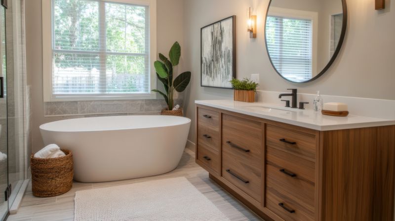 Freestanding bathtub in a bright bathroom